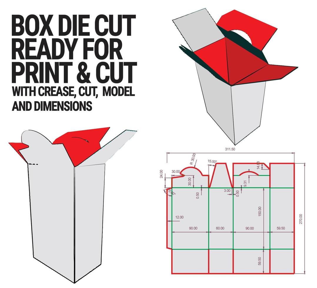 box-cut-kubmall med 3D-förhandsvisning organiserad med cut, veck, modell och dimensioner redo att klippa och skriva ut, i full skala och fullt fungerande. förberedd för riktig kartong vektor