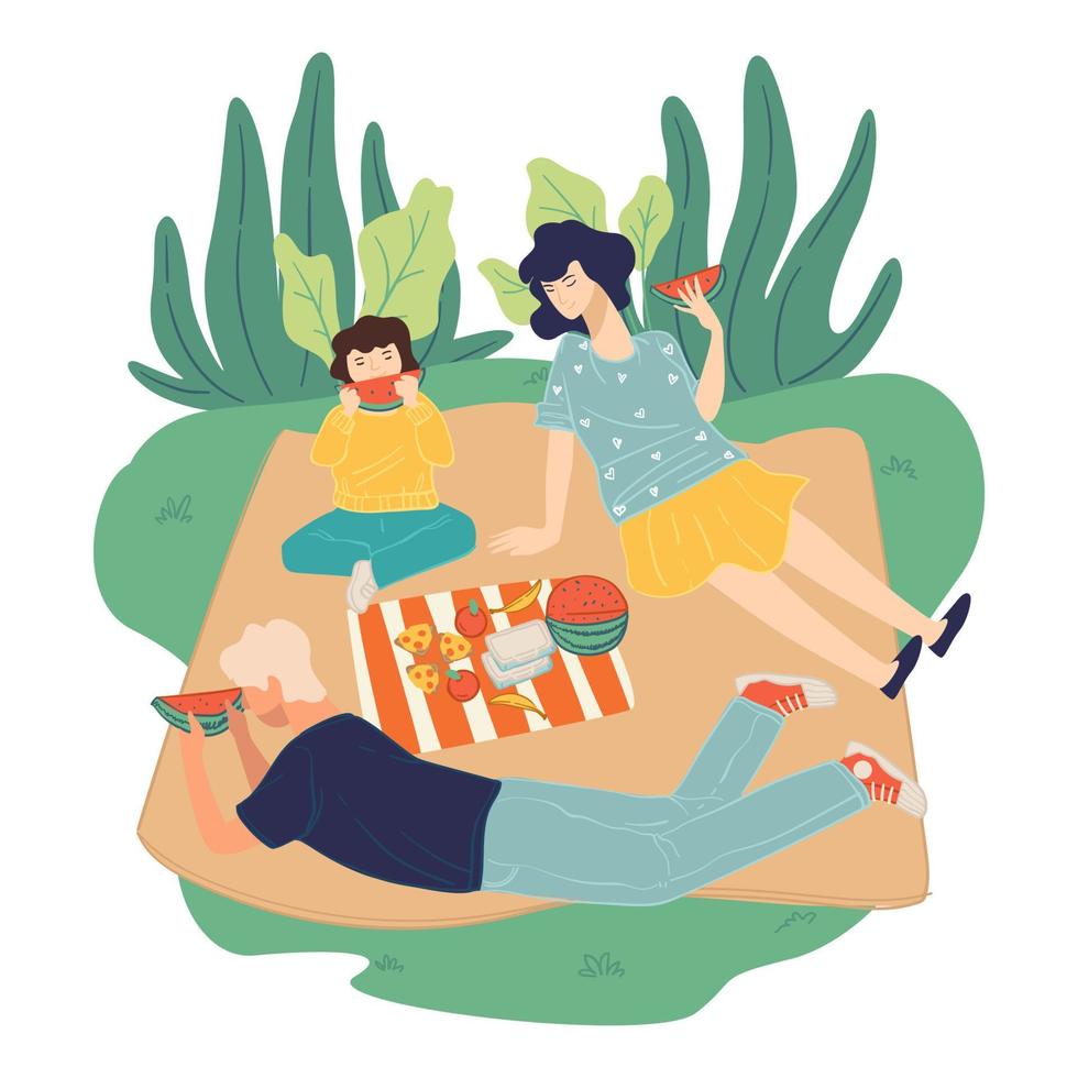 Familie beim Picknick am Wochenende, Sommeraktivitäten vektor