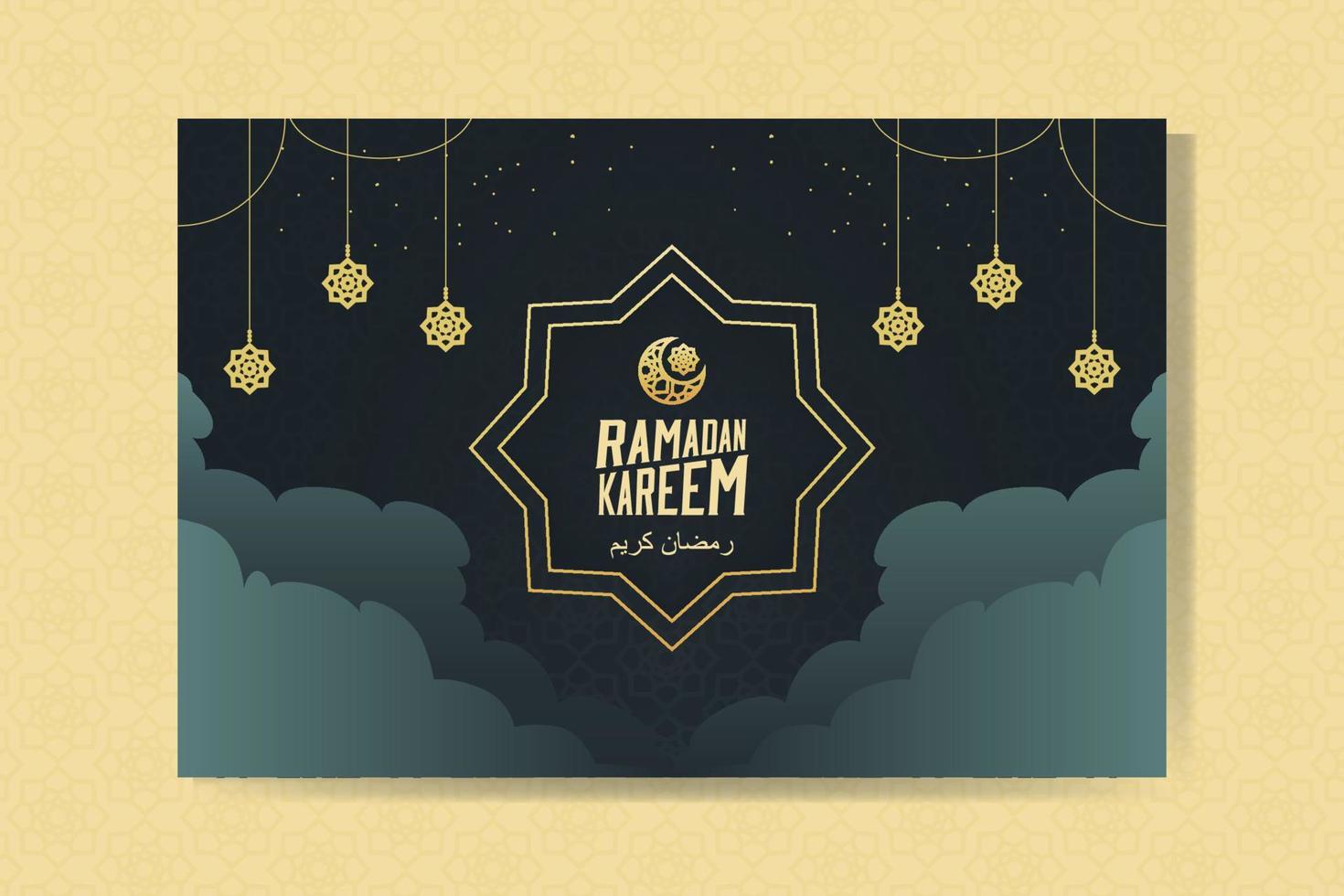 ramadan kareem hälsning kort med lyktor, måne och moln. ramadan mubarak. bakgrund vektor illustration.