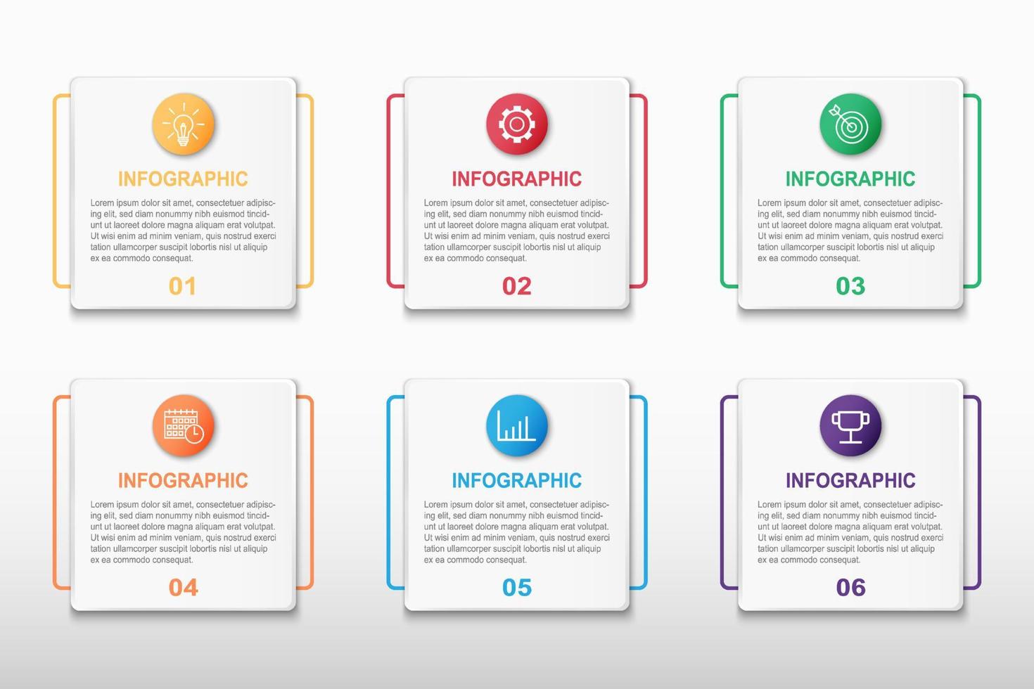 Infografik-Design-Vektorvorlage mit 6 runden quadratischen Schritten oder Optionen und Nummern. Geschäftspräsentation, Zielzielbericht, Projektzeitplan, Strategieplan, Erfolgsinformationen, flaches Diagrammlayout. vektor