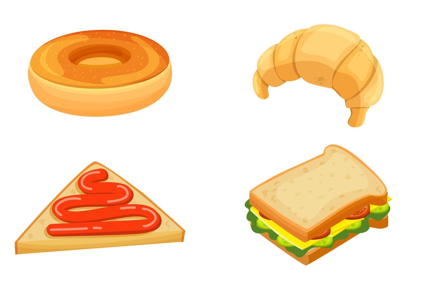 Donut, Croissant, Sandwich, Toast mit Marmelade. Frühstück stellen. Bäckereiprodukte. Symbol im Cartoon-Stil. isoliertes Objekt. vektor