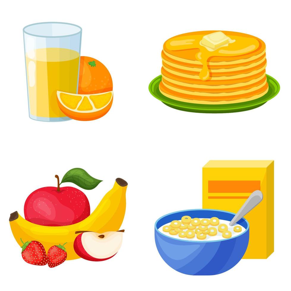 Stellen Sie ein gesundes Frühstück ein. Orangensaft, Pfannkuchen, Obst, Müsli mit Milch. Symbol im Cartoon-Stil. isoliertes Objekt. vektor