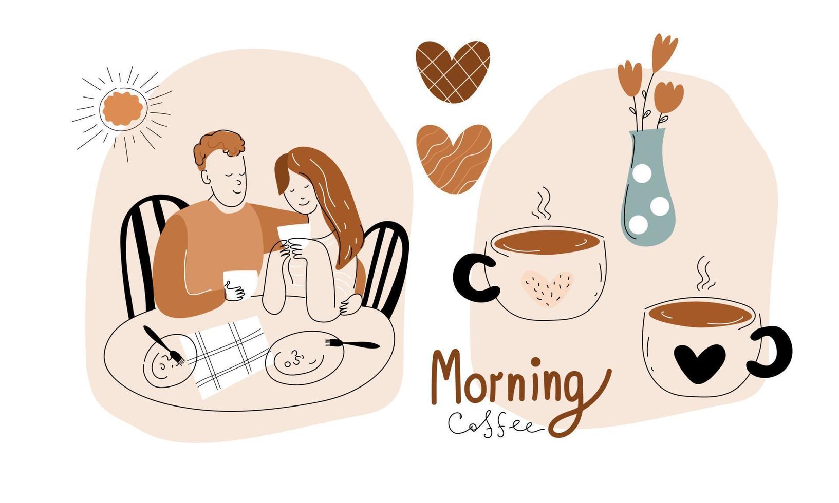 junge männer und frauen frühstücken zusammen. wochenendmorgen glückliches paar, morgenkaffee, vektorgekritzelsatzillustration. vektor