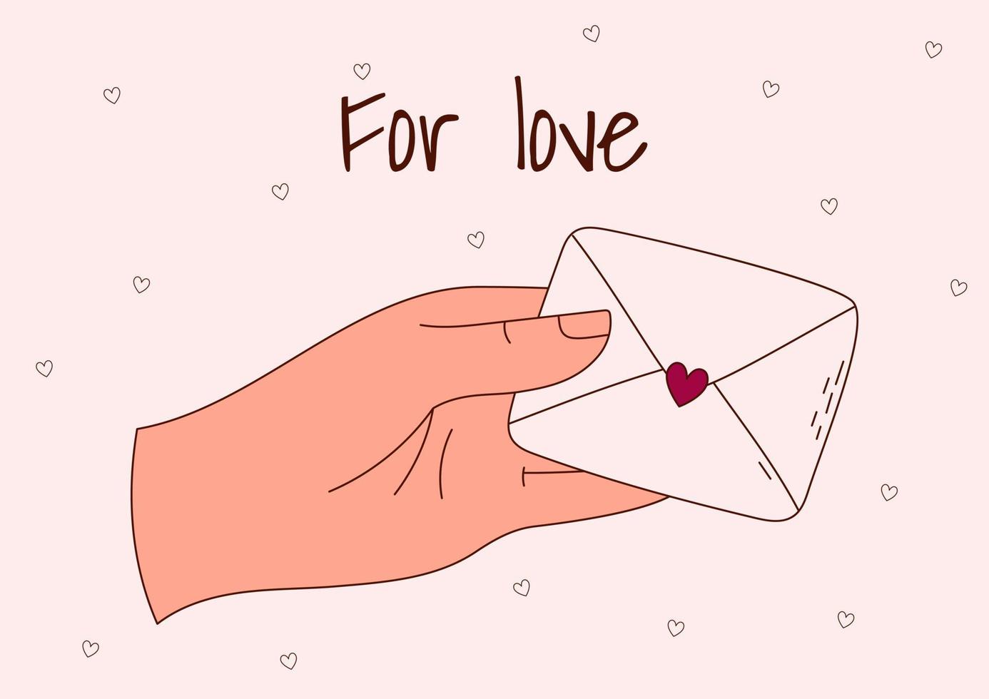 hjärtans dag hälsning kort med en hand och brev. vektor illustration