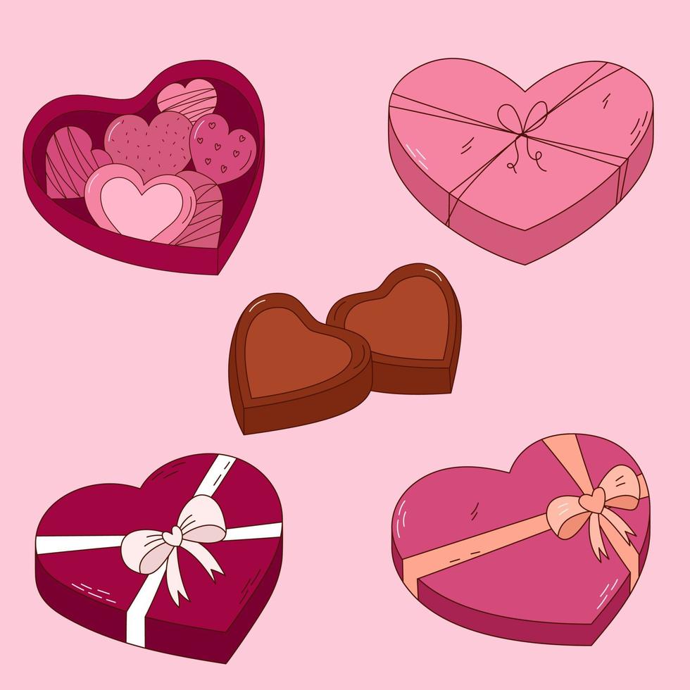 hand dragen uppsättning av choklad i en låda för valentine dag. design element för affischer, hälsning kort, banderoller och inbjudningar. vektor