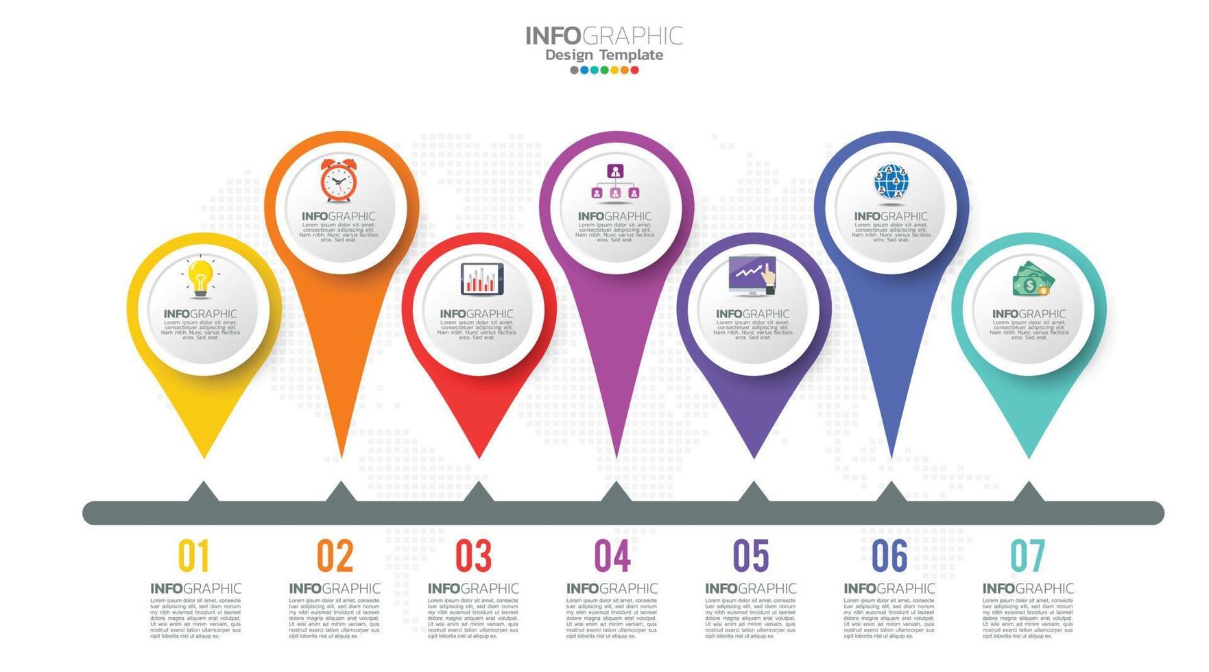 Timeline-Infografik-Vektor mit 7 Schritten kann für Workflow, Layout, Diagramm, Jahresbericht, Webdesign verwendet werden. vektor