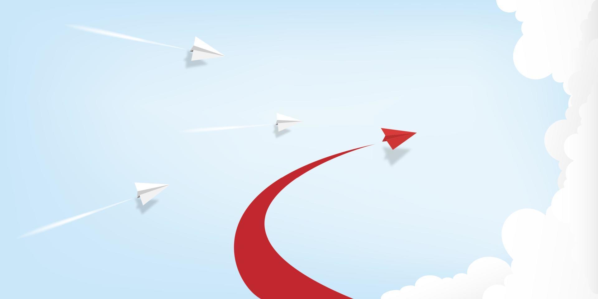roter Papierflugzeugführer, der auf Hintergrund des blauen Himmels fliegt. kreative konzeptidee des geschäftserfolgs und der führung im papierhandwerkskunststildesign .vektorillustration vektor