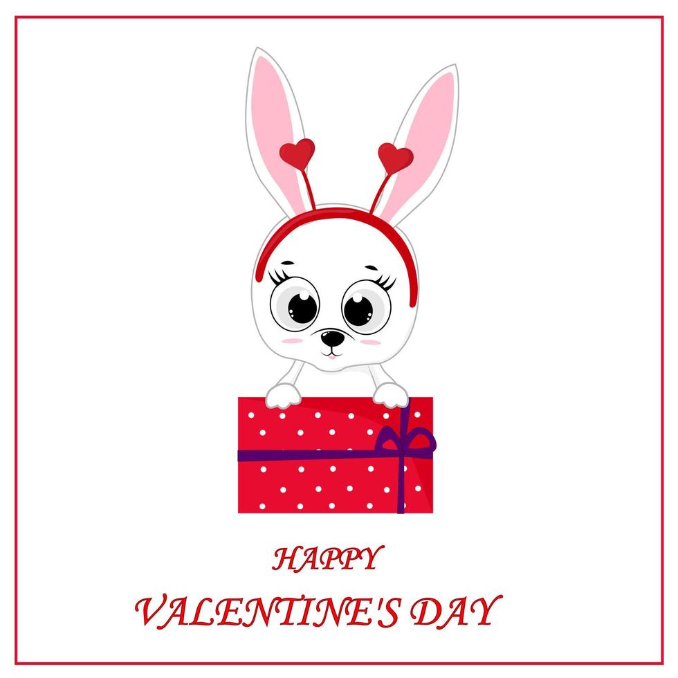 vykort för hjärtans dag.gulligt kanin på gåva låda. design för hälsning kort, kärlek baner, dekor vektor