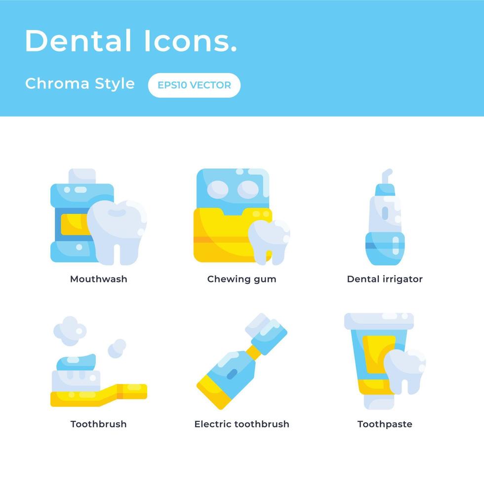 zahnpflegesymbole mit flachem farbstil mit mundwasser, kaugummi, zahnirrigator, zahnbürste, zahnpasta vektor