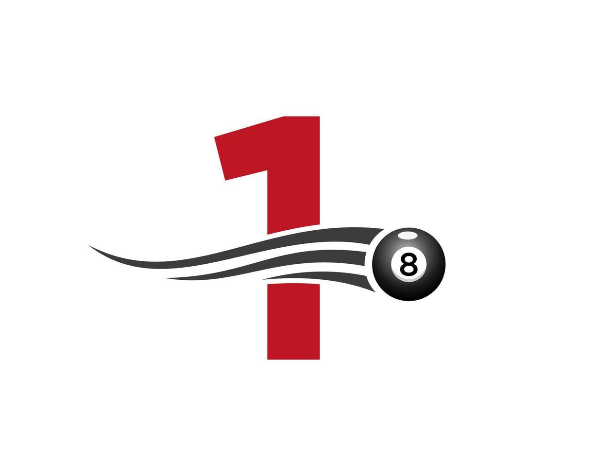 Buchstabe 1 Billard- oder Poolspiel-Logo-Design für Billardraum oder 8-Ball-Pool-Club-Symbolvektorvorlage vektor