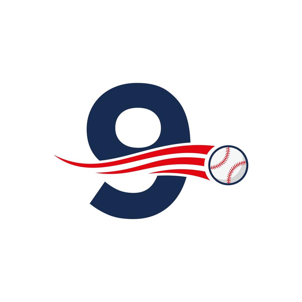 första brev 9 baseboll logotyp begrepp med rör på sig baseboll ikon vektor mall