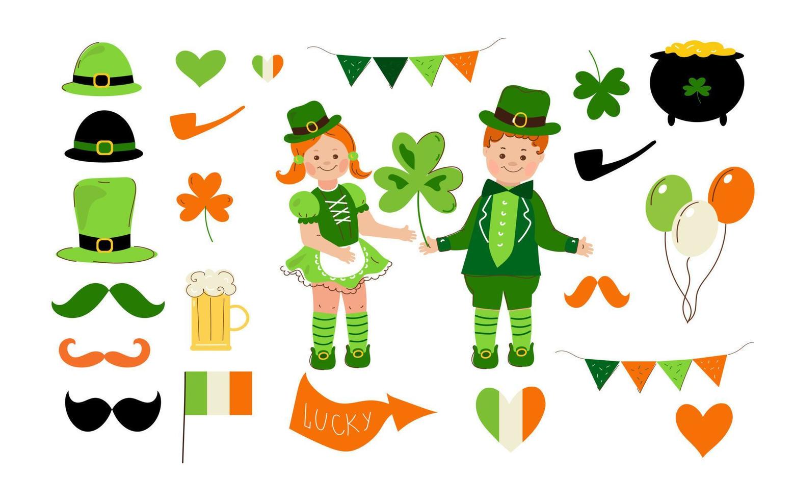 Junge und Mädchen in irischen Kostümen. st. patrick's day.vector doodle cartoon set illustration. vektor