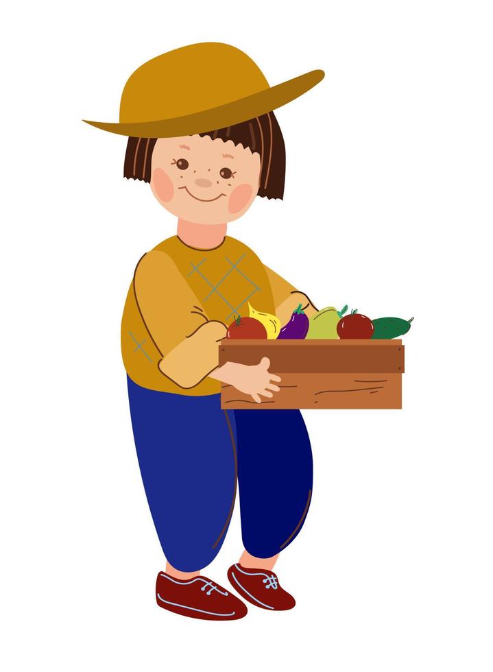 Gärtnerin des kleinen Mädchens, Arbeit im Garten. Vektorgekritzel-Karikaturillustration. vektor