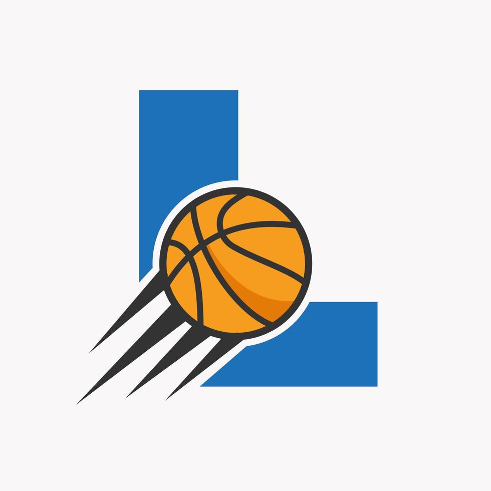 Anfangsbuchstabe l Basketball-Logo-Konzept mit beweglichem Basketball-Symbol. Basketball-Logo-Symbol-Vektorvorlage vektor