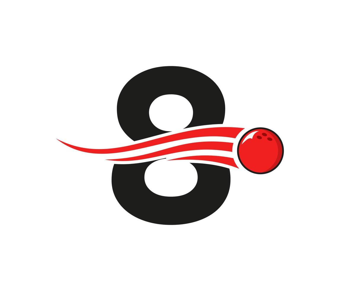 Buchstabe 8 Bowling-Logo. Bowlingkugelsymbol mit roter beweglicher Kugelvektorvorlage vektor