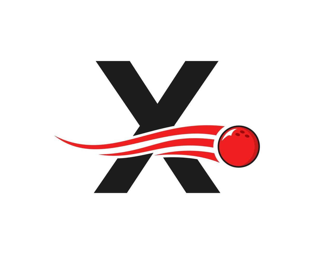 brev x bowling logotyp. bowling boll symbol med röd rör på sig boll vektor mall