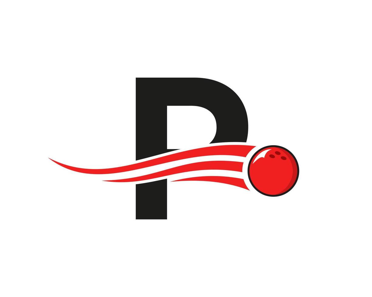 Buchstabe p Bowling-Logo. Bowlingkugelsymbol mit roter beweglicher Kugelvektorvorlage vektor