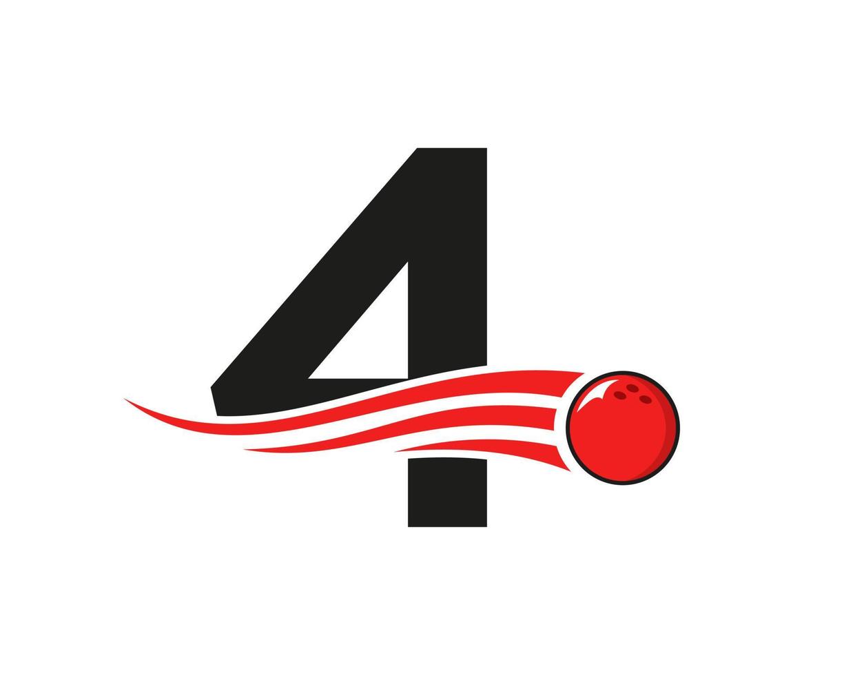 Buchstabe 4 Bowling-Logo. Bowlingkugelsymbol mit roter beweglicher Kugelvektorvorlage vektor