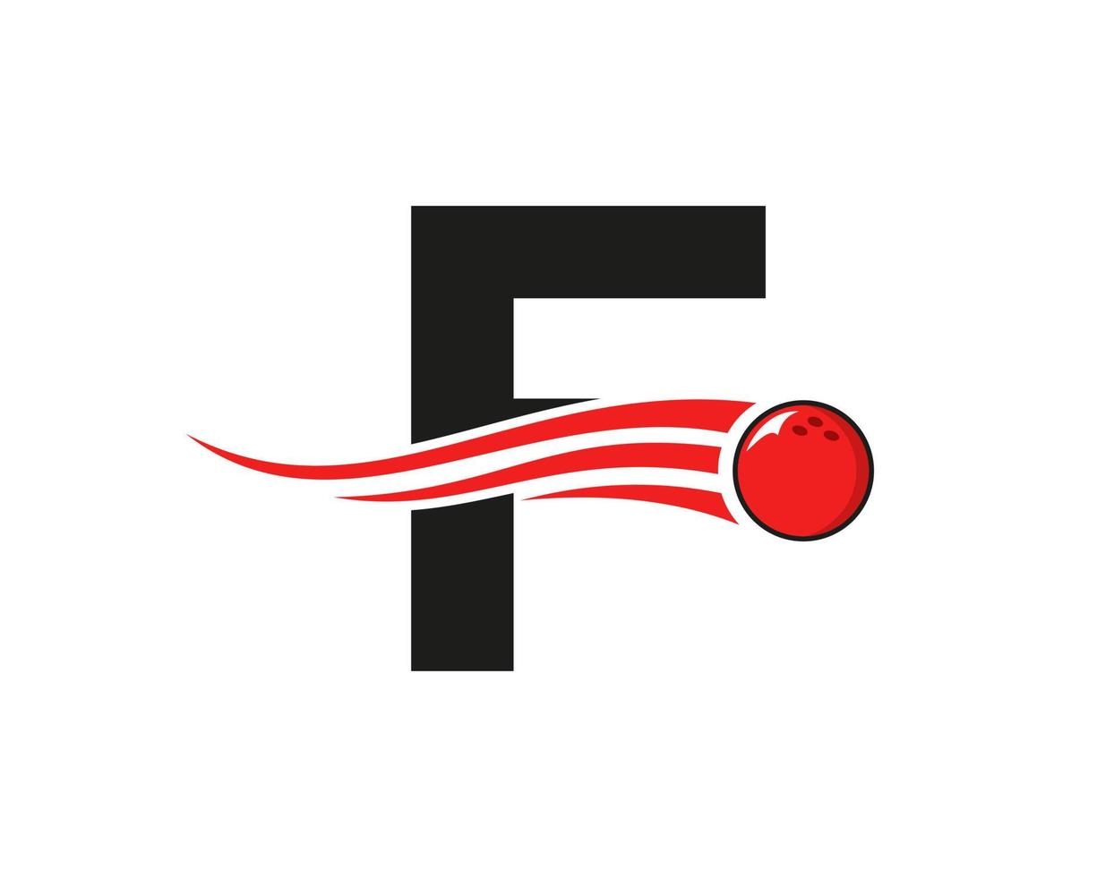 brev f bowling logotyp. bowling boll symbol med röd rör på sig boll vektor mall