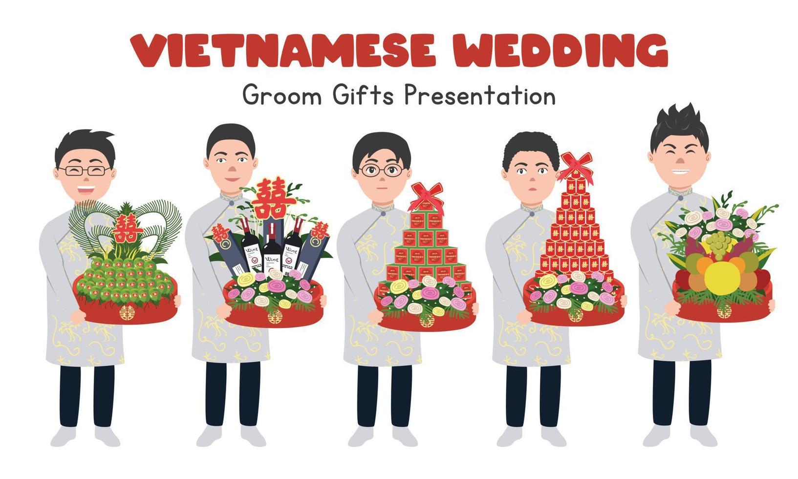 vietnamesische hochzeit bräutigam geschenke präsentation clipart. vietnamesische jungen, die verlobungsgeschenkschalen halten, vektorillustration. Konzept der traditionellen vietnamesischen Hochzeitszeremonie. chinesischer text doppeltes glück vektor