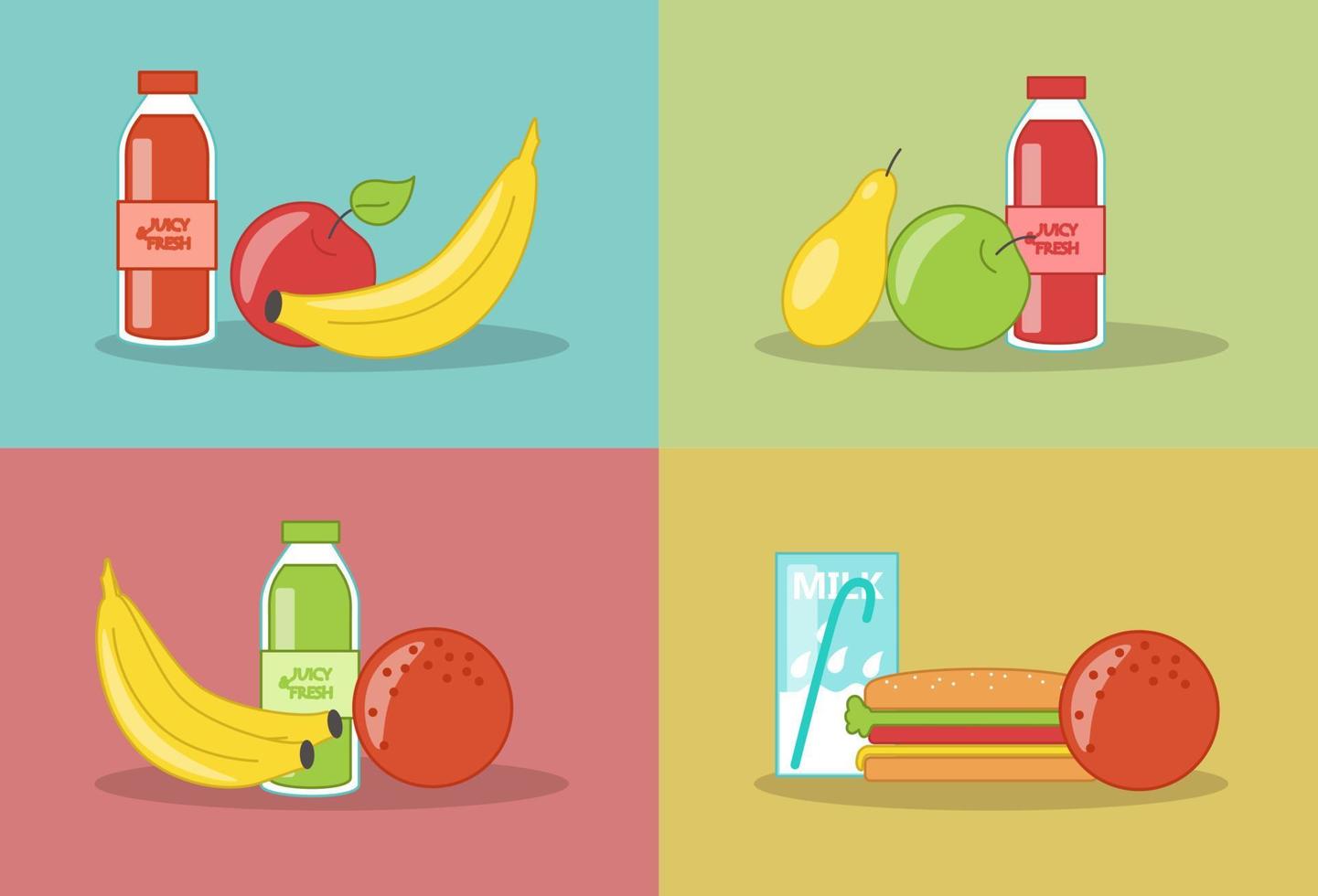 matlåda mat. juice, mjölk, frukt och smörgås. vektor illustration i tecknad serie stil