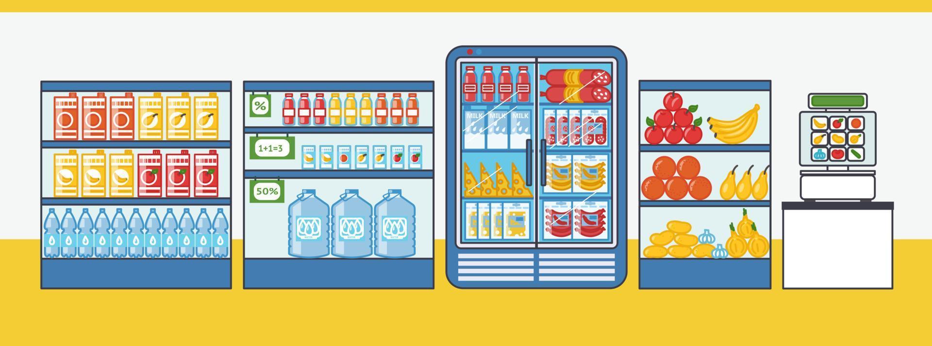 mataffär. hyllor och kylskåp med mat grejer. vektor illustration i tecknad serie stil