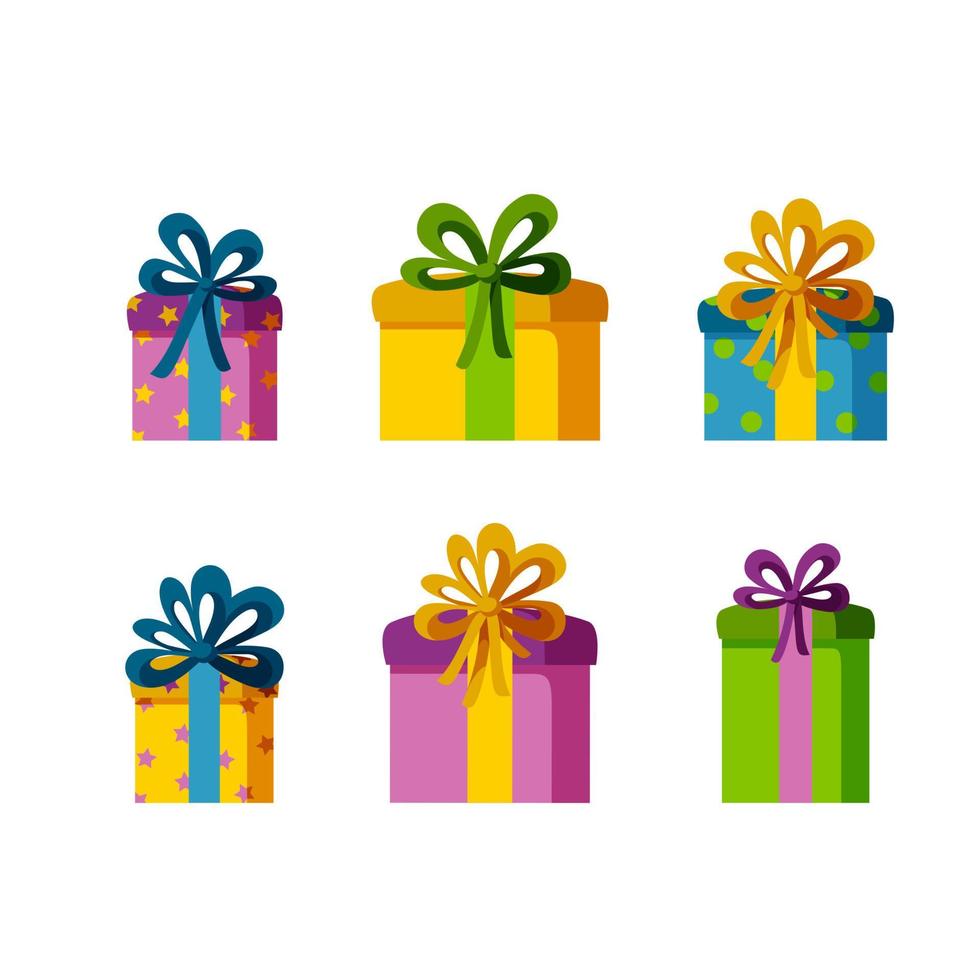 Set mit sechs Geschenkboxen in verschiedenen Größen und Farben. Geschenke für einen Urlaub. isolierte Vektorillustration vektor