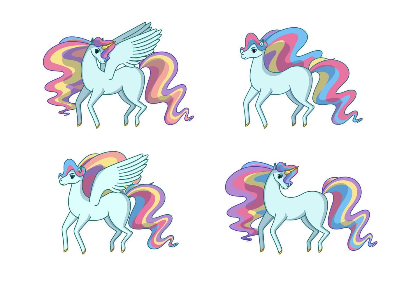 Set aus Alicorn, Einhorn, Pegasus und Pferd. Vektorillustration im Cartoon-Stil vektor