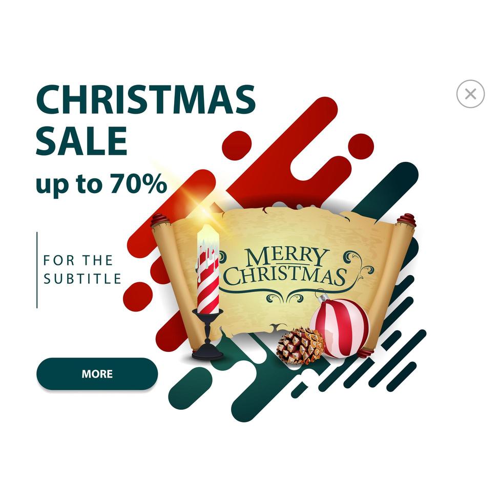 julförsäljning, upp till 70 rabatt, modern pop-up för webbplats med julljus, gammalt pergament, julboll och kon vektor