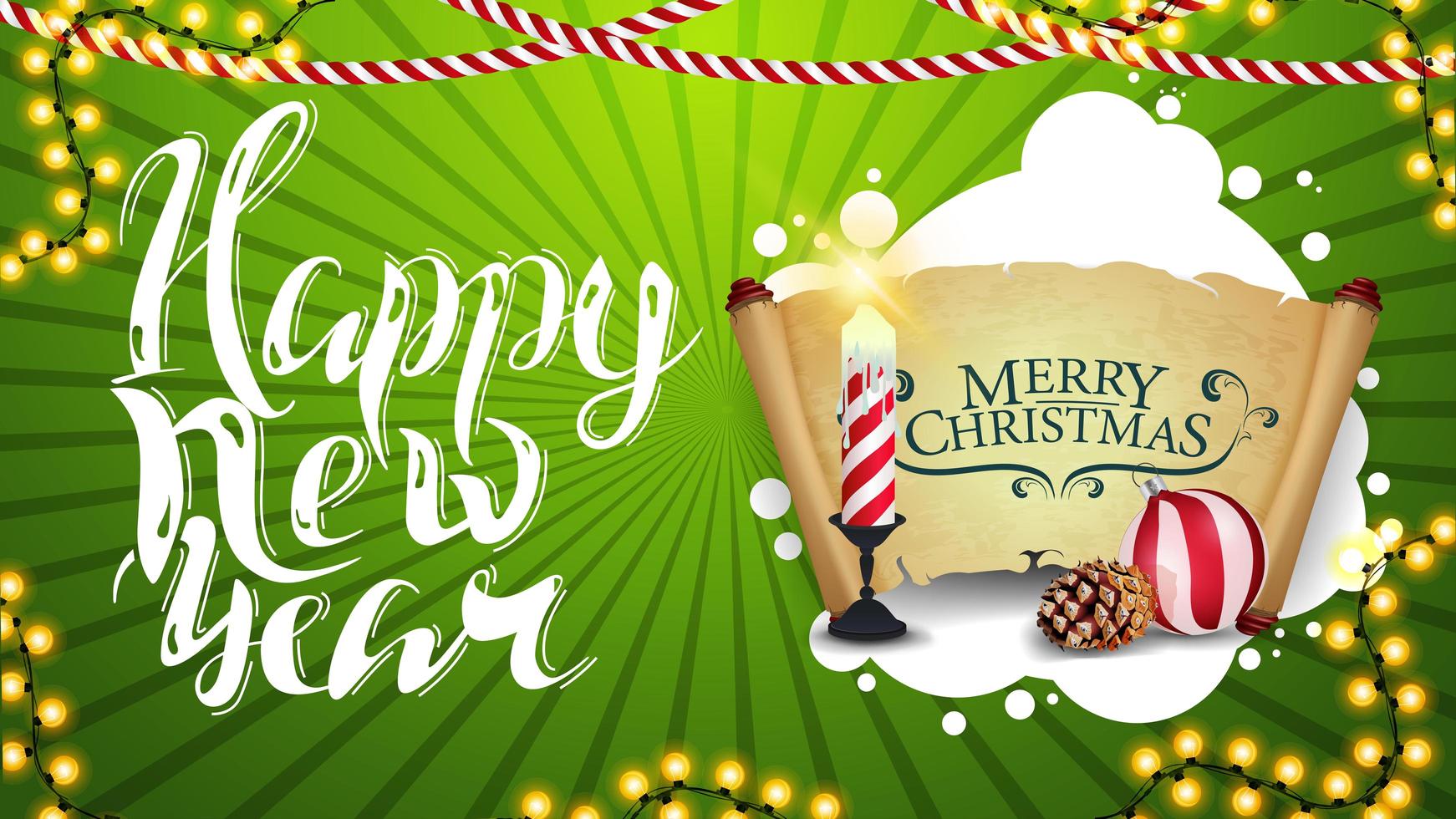 gott nytt år, grönt horisontellt gratulationskort med vacker bokstäver, juldekor, ljus, gammalt pergament, julboll och kon vektor