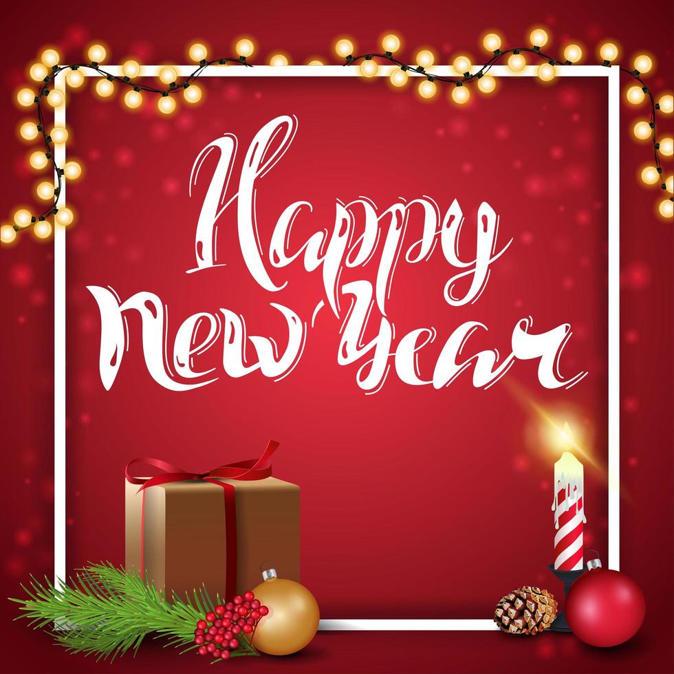 gott nytt år, hälsning rött kort med gåva, ljus, jul boll och julgran gren vektor