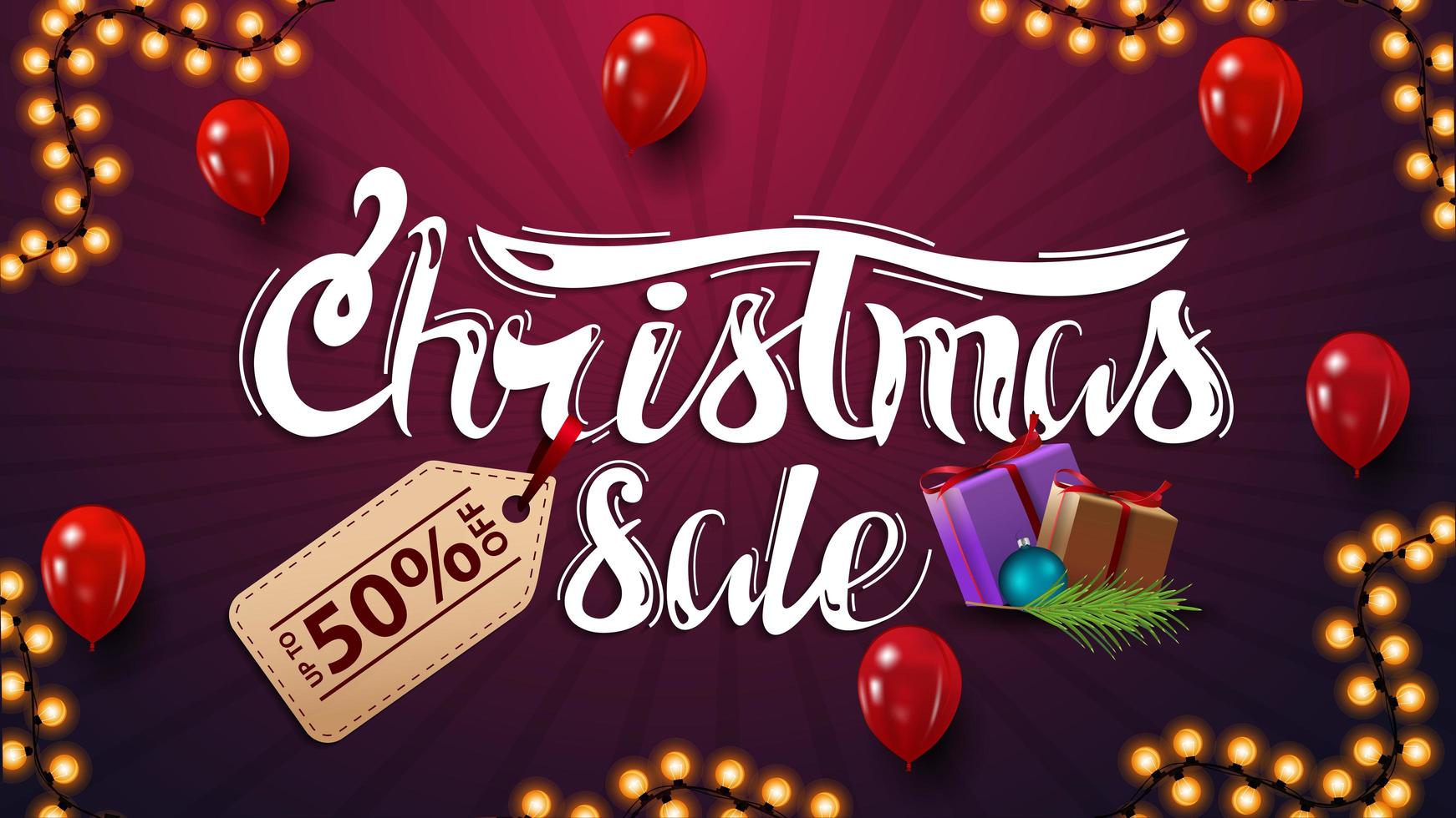 jul försäljning, rabatt banner med vackra bokstäver med prislapp. rabatt lila banner med röda ballonger och julklappar vektor