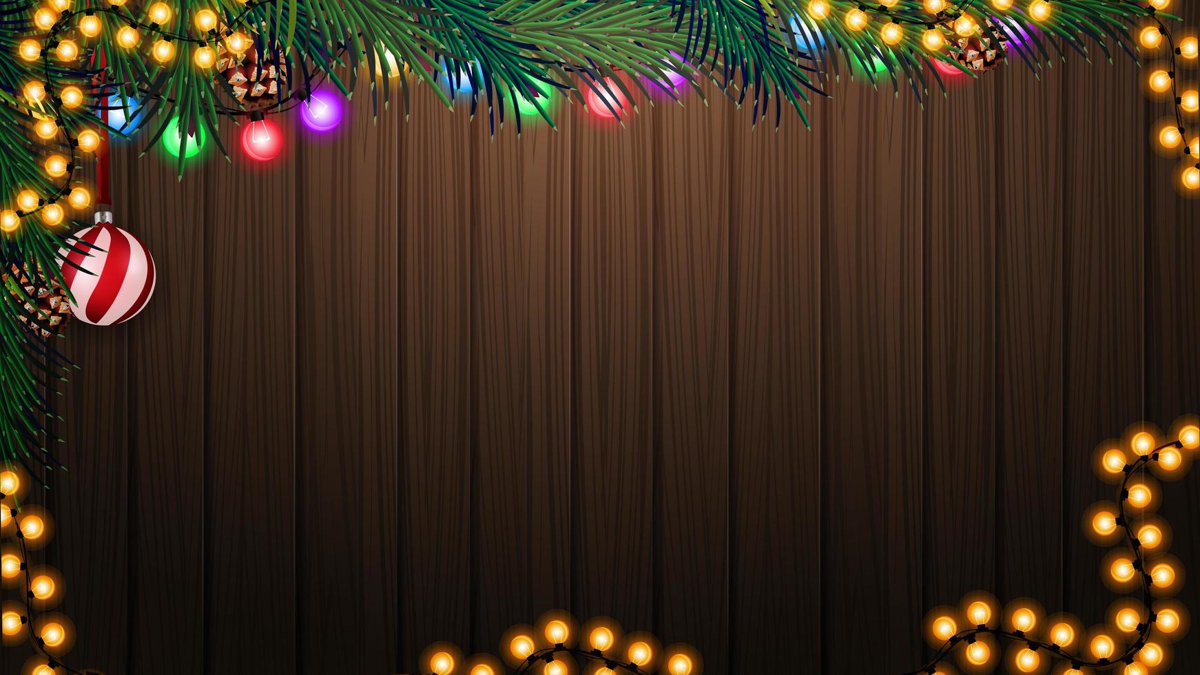 Holzwand mit Weihnachtsbaumzweig und Weihnachtsdekor. Hintergrund für Ihre Künste mit Kopierraum vektor