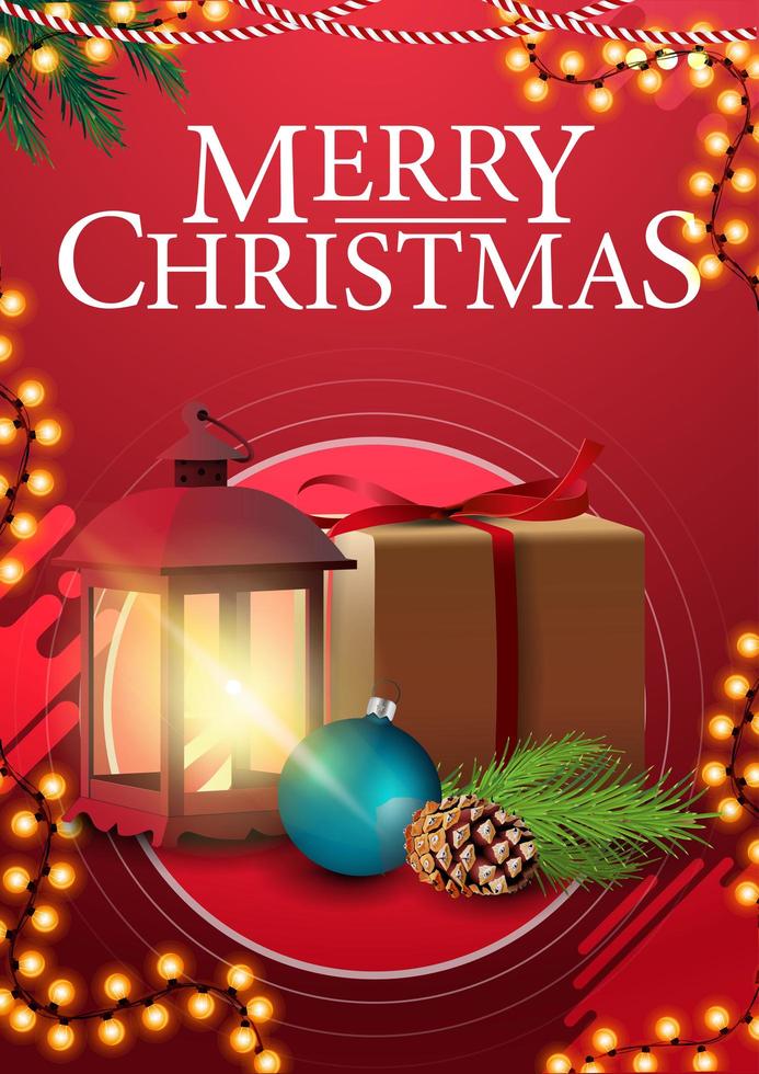 god jul, röd vertikal hälsning affisch med ram krans, gåva, vintage lykta, julgran gren med en kon och en jul boll vektor