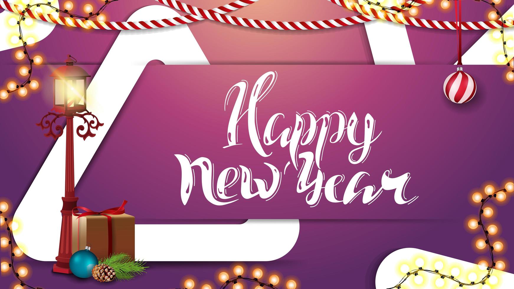Frohes neues Jahr, rosa horizontale Grußkarte mit schöner Beschriftung, Girlande, Stangenlaterne, Geschenk, Weihnachtsbaumzweig mit einem Kegel und einer Weihnachtskugel vektor