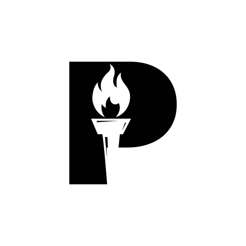 första brev p brand ficklampa begrepp med brand och ficklampa ikon vektor symbol