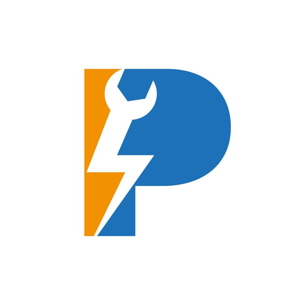 Anfangsbuchstabe p Reparaturschlüssel und Volt-Power-Logo-Design für Reparatur, Vektorvorlage für elektrische Zeichen vektor