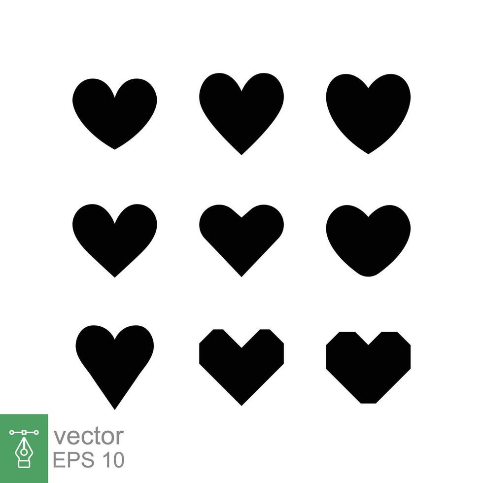 hjärta ikon uppsättning. enkel platt stil. kärlek logotyp, känsla, romantik, weeding dekoration känsla begrepp. svart silhuett, glyf symbol. vektor illustration design isolerat på vit bakgrund. eps 10.