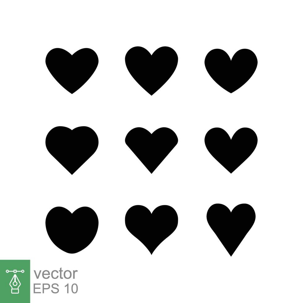 Herz-Icon-Set. einfacher flacher Stil. liebeslogo, gefühl, romantik, jäten dekoration emotion konzept. schwarze Silhouette, Glyphensymbol. Vektorillustrationsdesign lokalisiert auf weißem Hintergrund. Folge 10. vektor