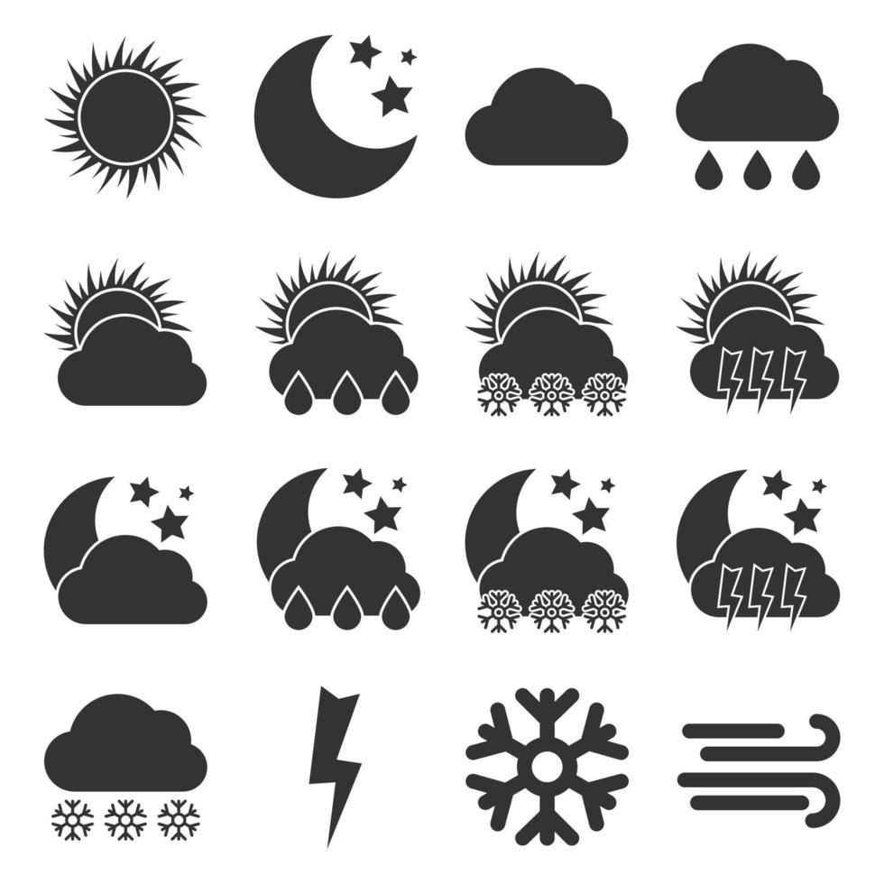 Satz von sechzehn Wettersymbolen. dunkle Symbole für unterschiedliche Wetterbedingungen. Vektor-Illustration. vektor