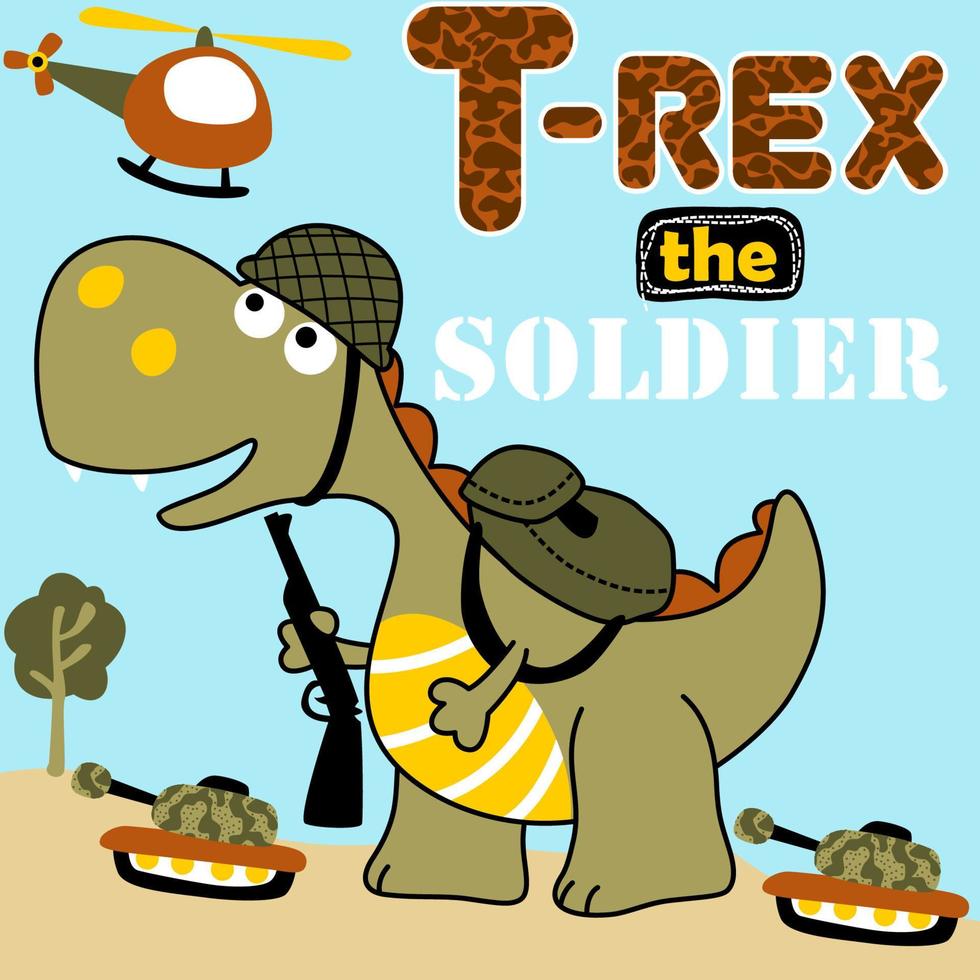 lustiger dinosaurier in militärischem zubehör mit gepanzertem fahrzeugspielzeug, vektorkarikaturillustration vektor
