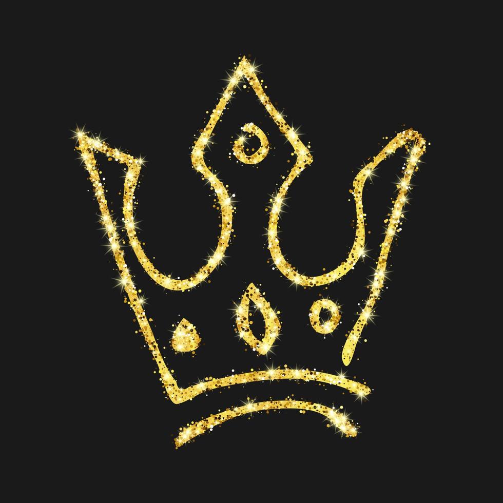 goldglitter handgezeichnete krone. einfache graffiti-skizze königin oder königskrone. königliche kaiserliche krönung und monarchsymbol isoliert auf dunklem hintergrund. Vektor-Illustration vektor