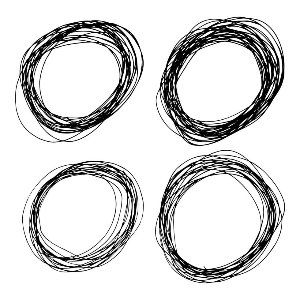 uppsättning av fyra skiss hand dragen ellips former. abstrakt penna klottra teckning. vektor illustration.