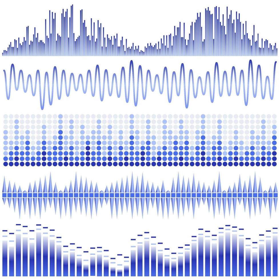 Vektorsatz blaue Schallwellen. Audio-Equalizer. Ton- und Audiowellen isoliert auf weißem Hintergrund. vektor