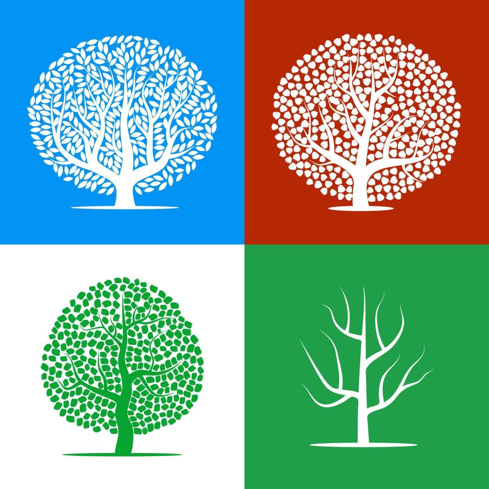 Satz von vier Silhouetten von Bäumen auf farbigen Hintergründen. Vektor-Illustration. vektor