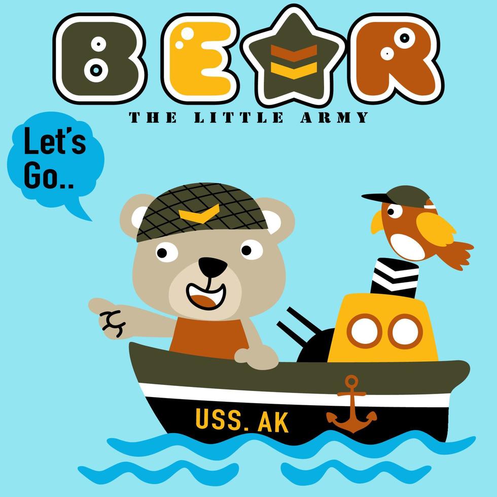 teddy Björn med liten fågel på örlogsfartyg, vektor tecknad serie illustrationer