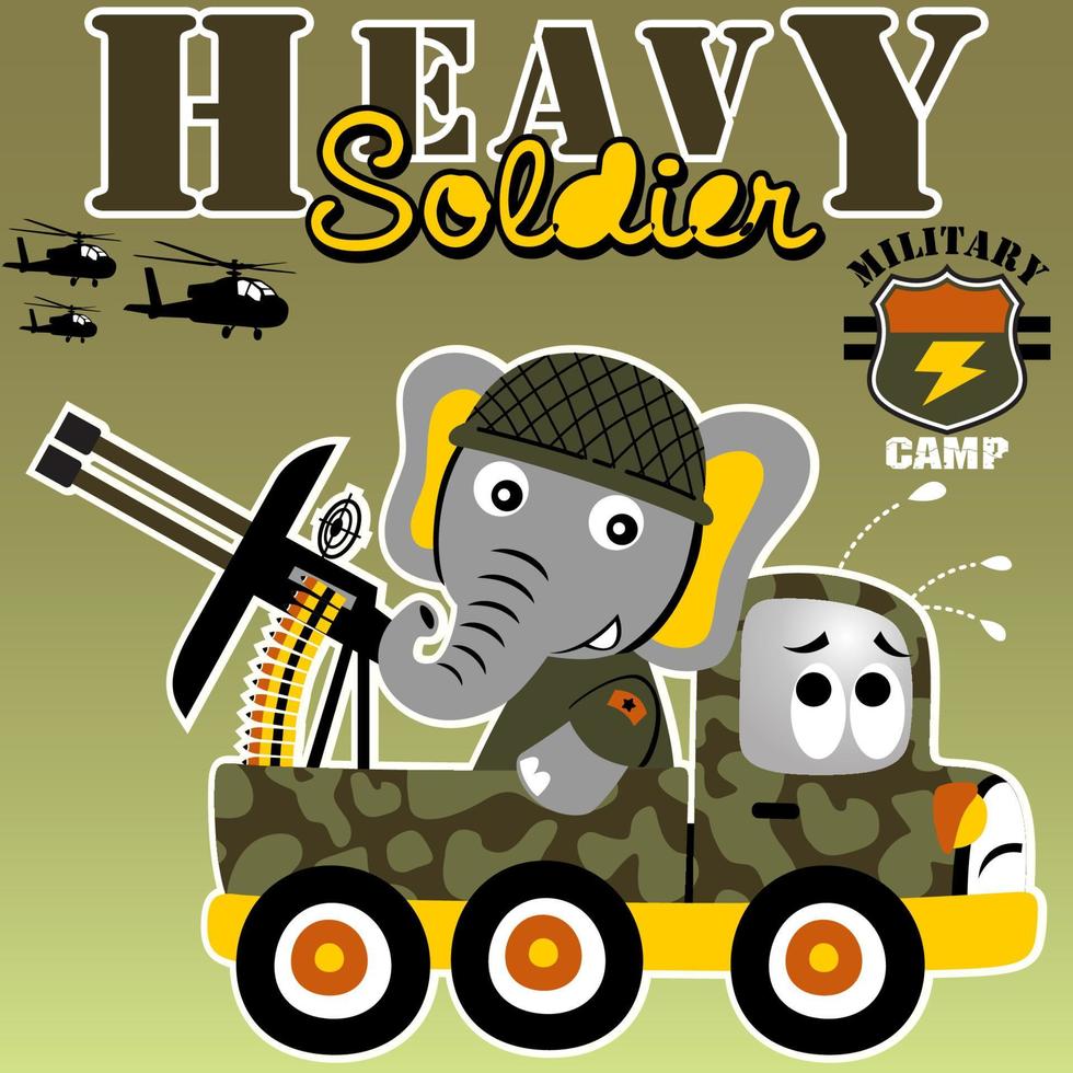 rolig elefant med pistol på militär lastbil, militär element, vektor tecknad serie illustration