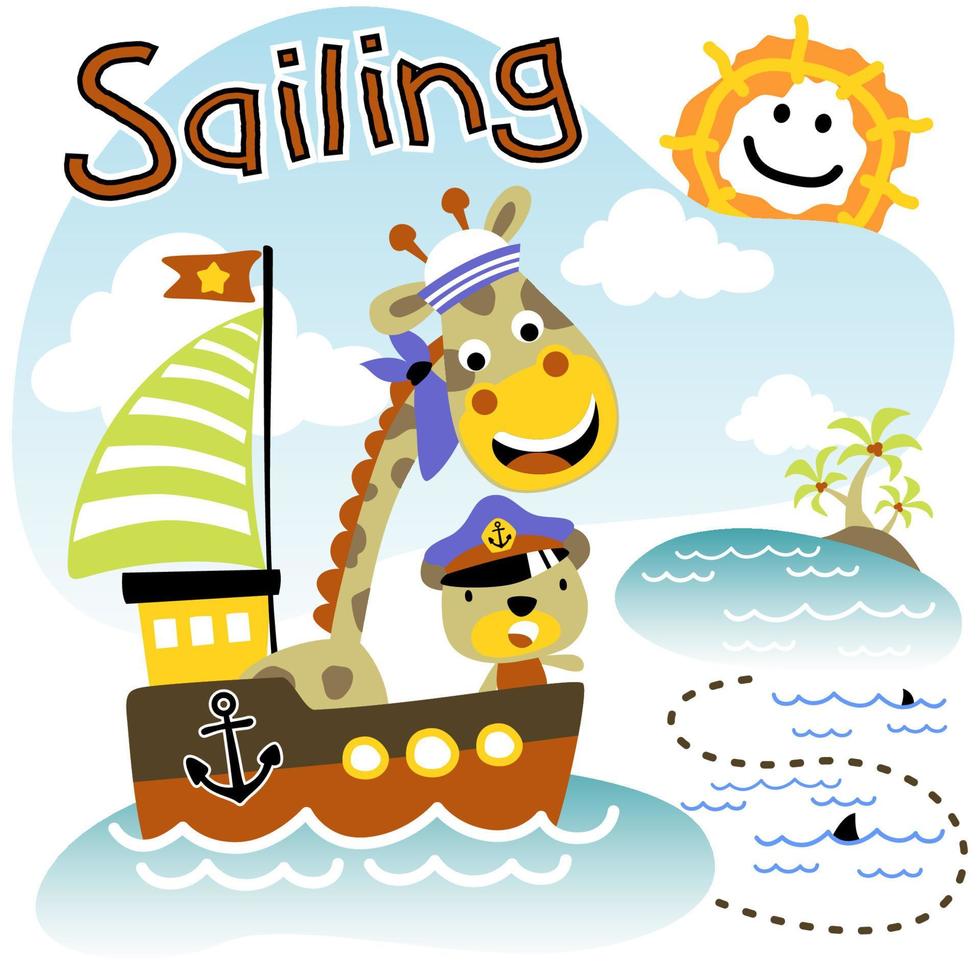 söt giraff och Björn i sjöman keps på segelbåt, segling element, vektor tecknad serie illustration