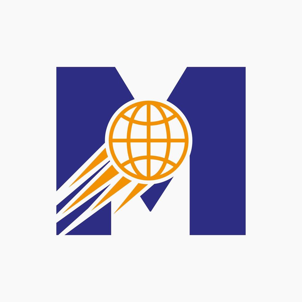 Buchstabe m globales Logo-Konzept mit beweglichem Weltsymbol. globale Logosymbol-Vektorvorlage vektor