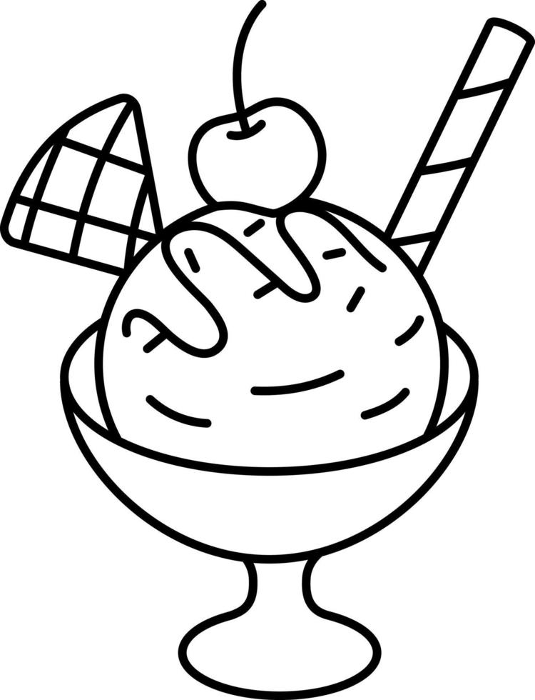 Vanille-Eisportionierer in Tasse und Kirsch-Topping-Dessert-Symbol-Element-Illustrationslinie mit weißem Stil vektor